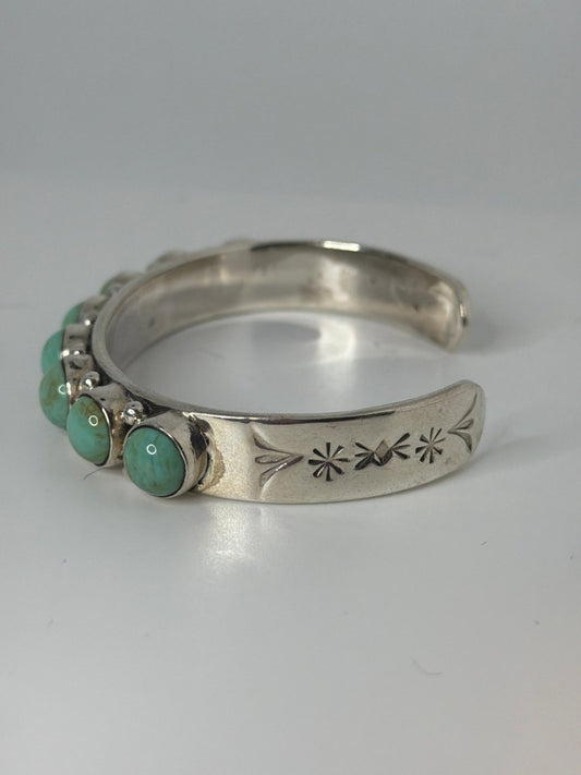 8 - Stone Sage Green Kingman Turquoise Cuff, Large Round Stones — Sterling Silver, Dan Dodson (DD) - Turquoise Mustang