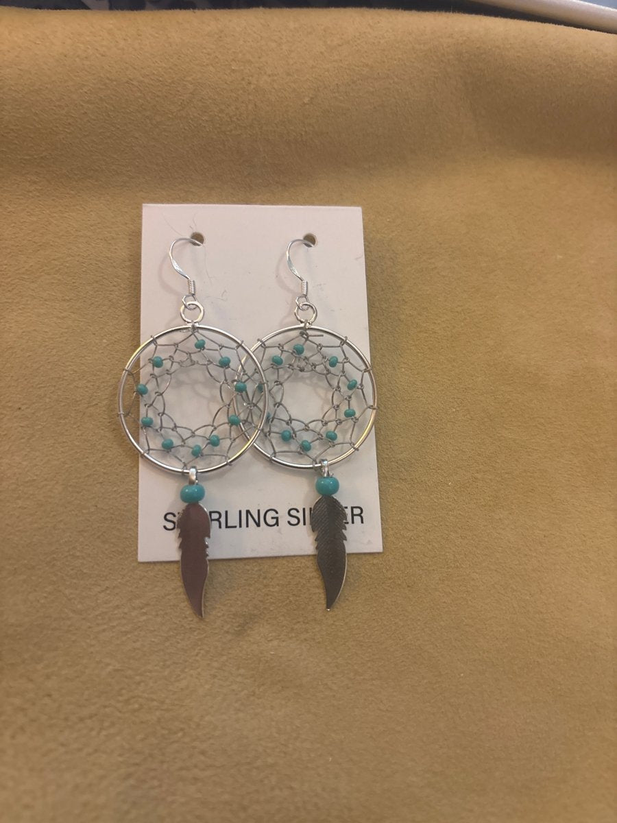 Earring, Dreamcatcher w/ 10 turquoise beads & feather dangle, - Turquoise Mustang