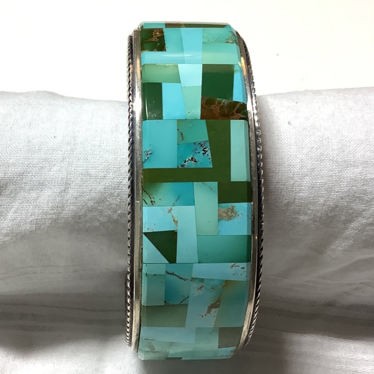 Multi-Mine Turquoise Mosaic Inlay Cuff by R. Bennett, Navajo - Turquoise Mustang