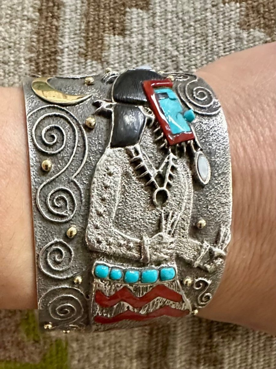 Monumental Storyteller Cuff with Turquoise, Mother of Pearl, Red Coral, Black Jet and 14K Gold Accent, by Philander Begay - Turquoise Mustang