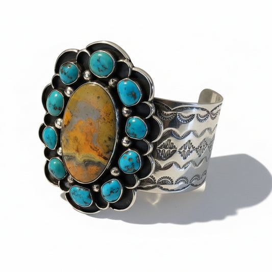 Bracelet, wide cuff, Bumble Bee Jasper Oval, 11 TQ freeform, Chimney - Turquoise Mustang