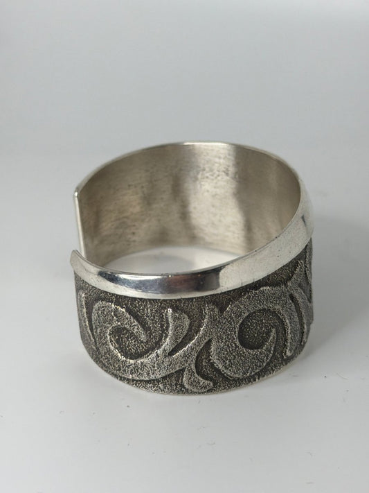 Tufa Cast All - Sterling Silver Scrollwork Cuff Bracelet, Bennie Bowakaty - Turquoise Mustang