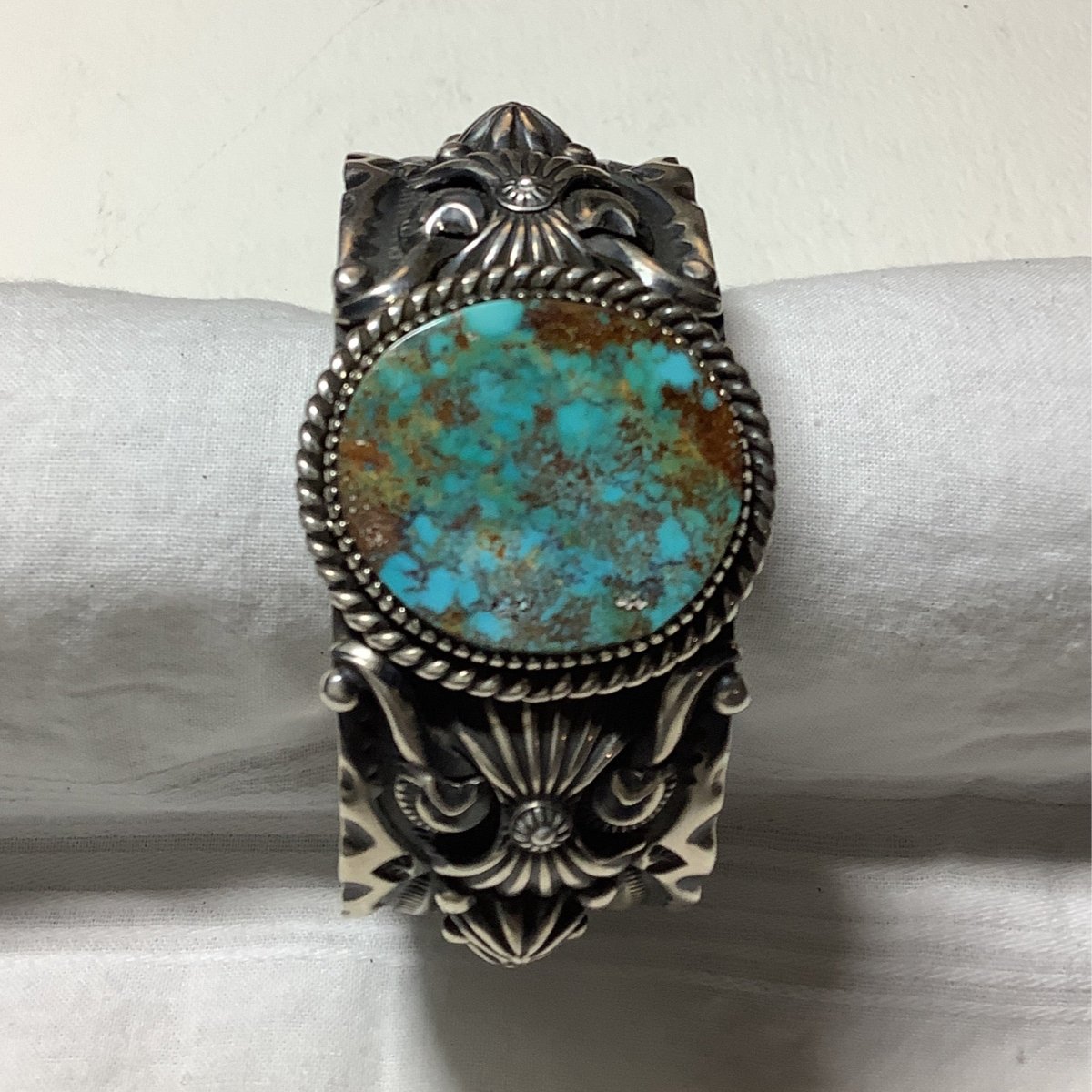 Heavy Stampwork & Overlay, Large Royston Stone Cuff, by Darryl Gordon - Turquoise Mustang