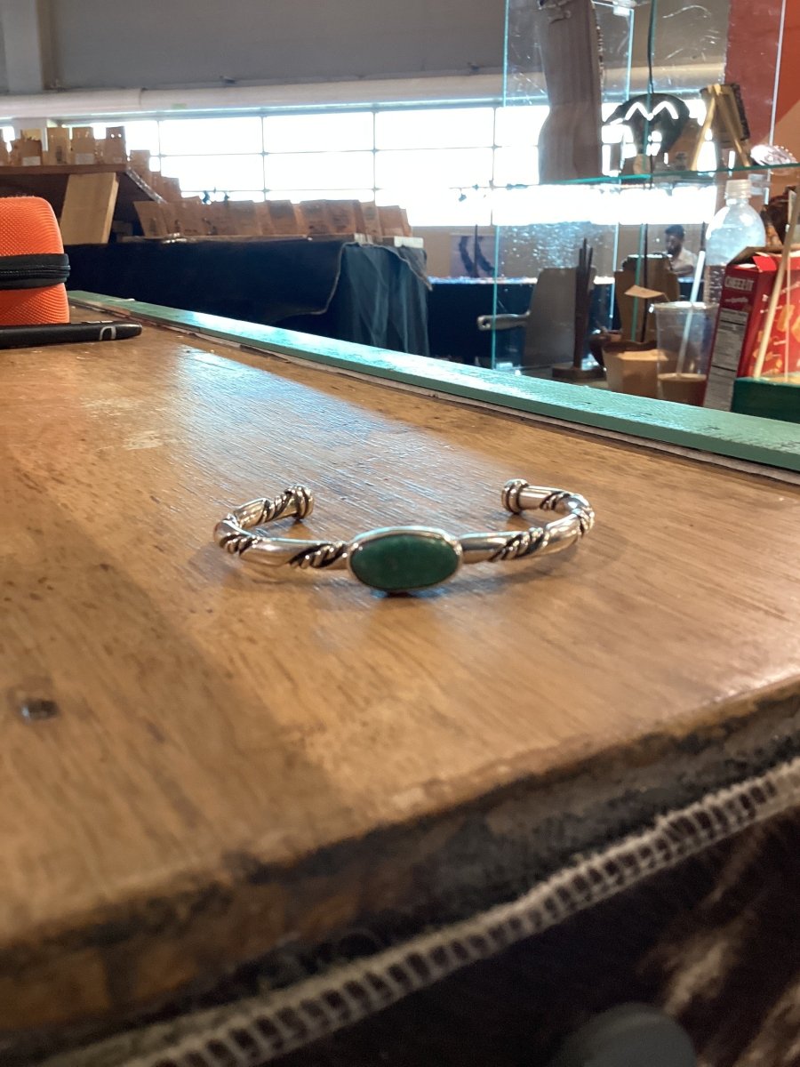 Turquoise Bracelet Cuff, Twisted Silver and Single Turquoise Stone, Virginia Sandoval - Turquoise Mustang