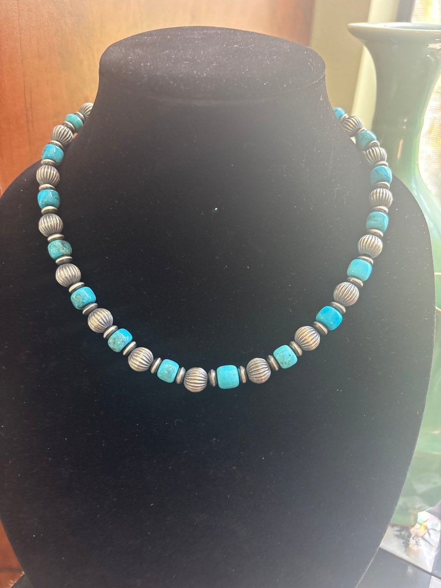 18” Blue Turquoise Rondelles with 10mm Silver Sauvers, and 12mm Corrugated Round Navajo Pearls - Turquoise Mustang