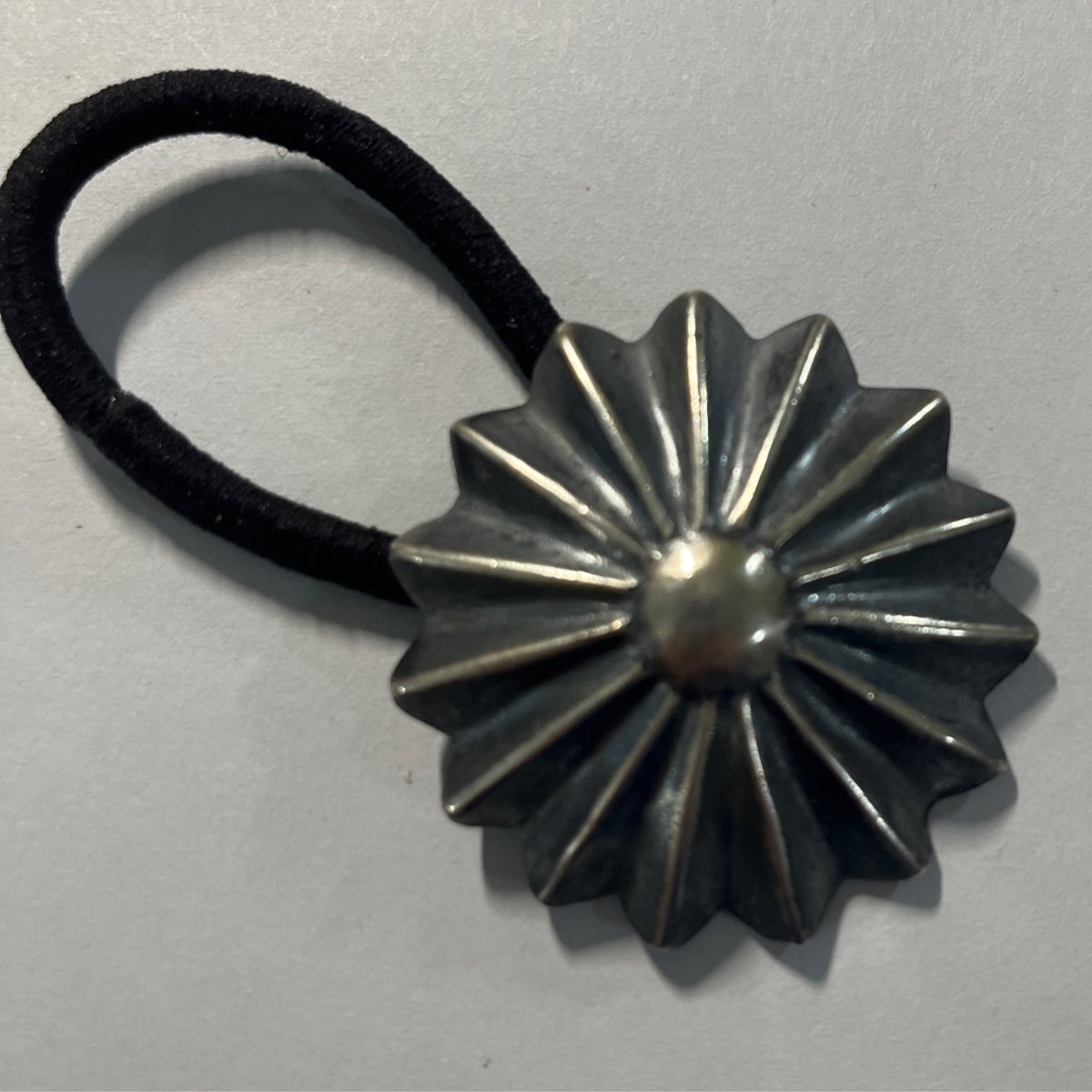 Hair Tie, repousee Silver Sunburst Concho, Large, unknown - Turquoise Mustang