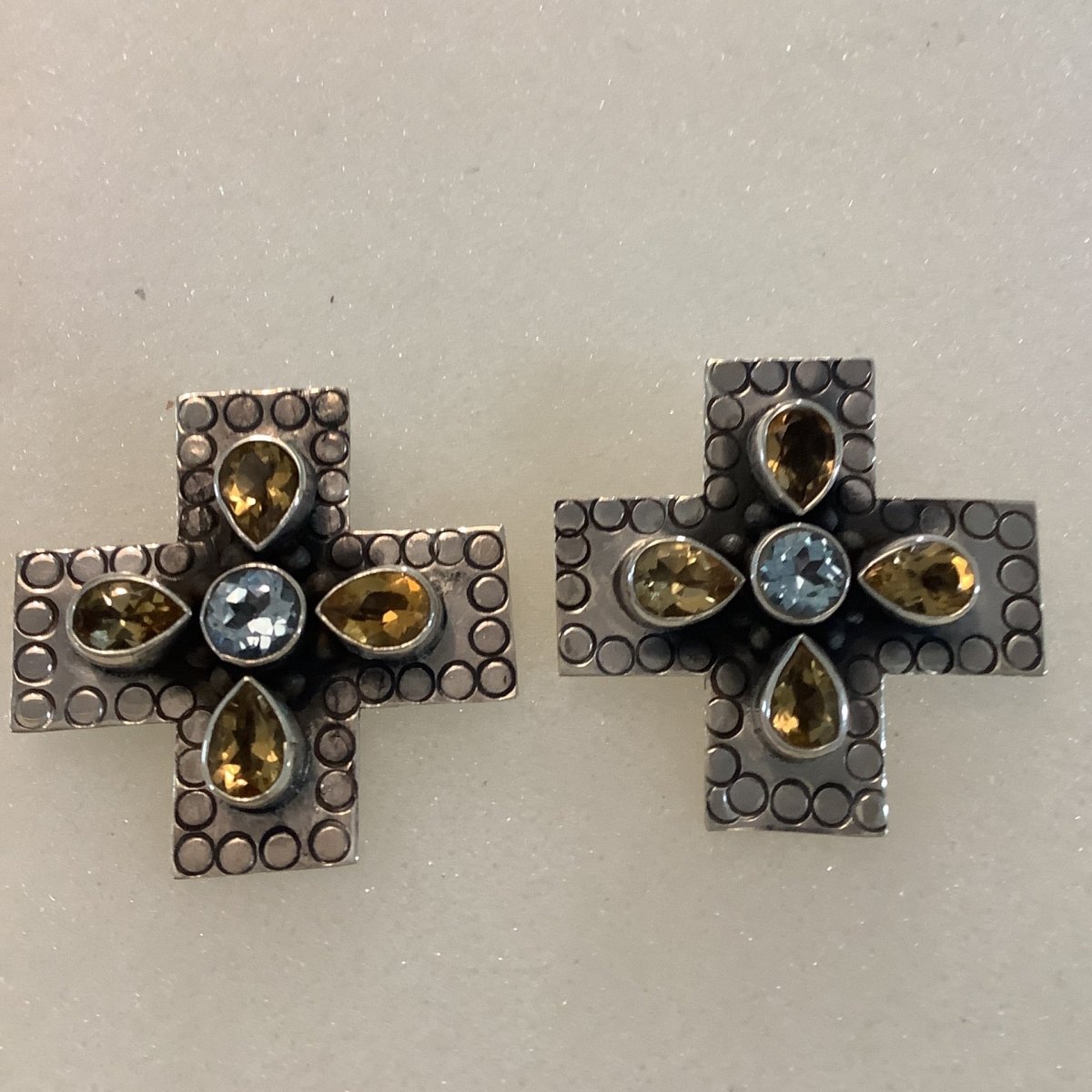 Earrings, Faceted Gemstones, Cross, Citrine & Blue Topaz, Hooks, DD - Turquoise Mustang