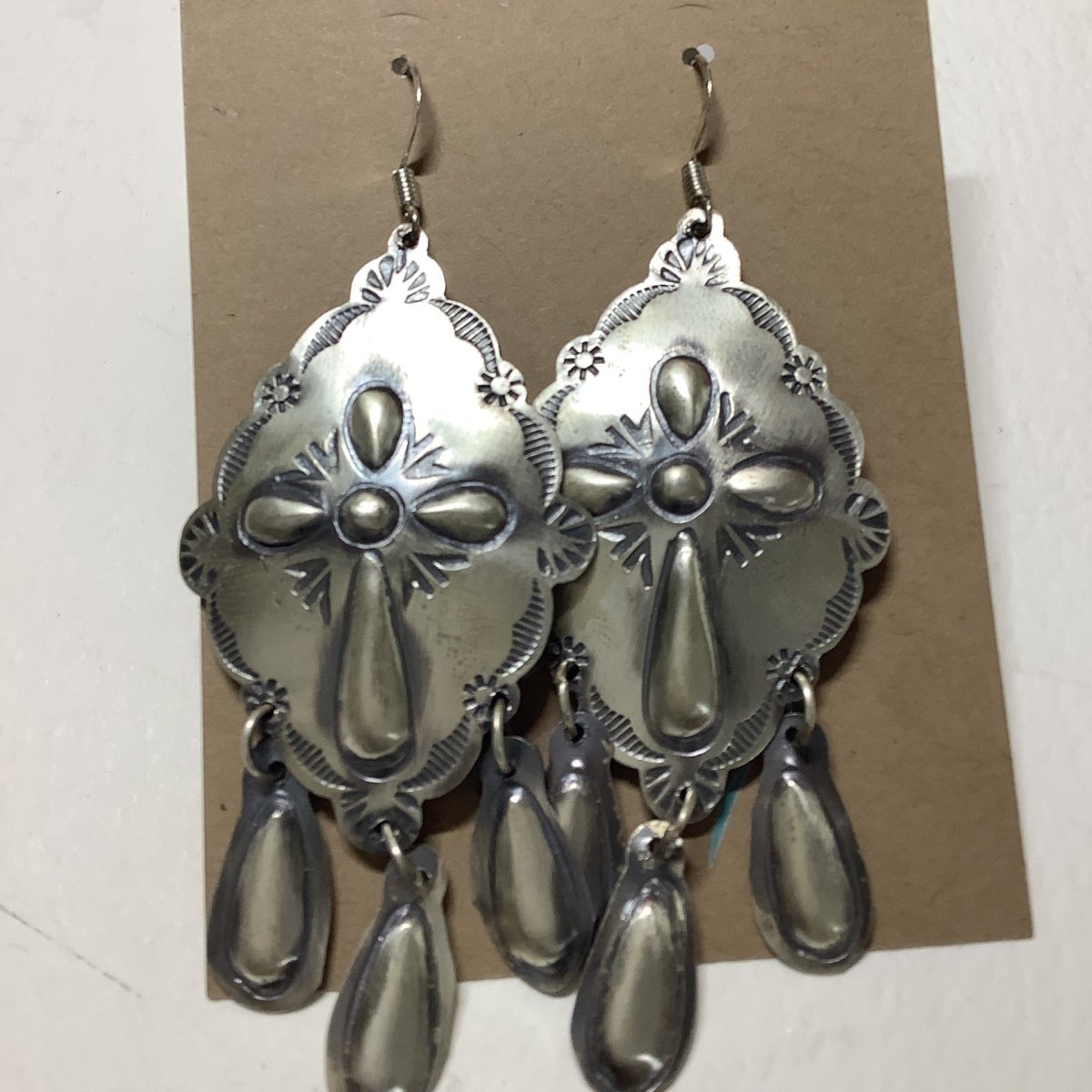 Earring, All - Silver, Repoussee Concho with Cross and 3 Teardrop dangles, Thomas Yazzie - Turquoise Mustang