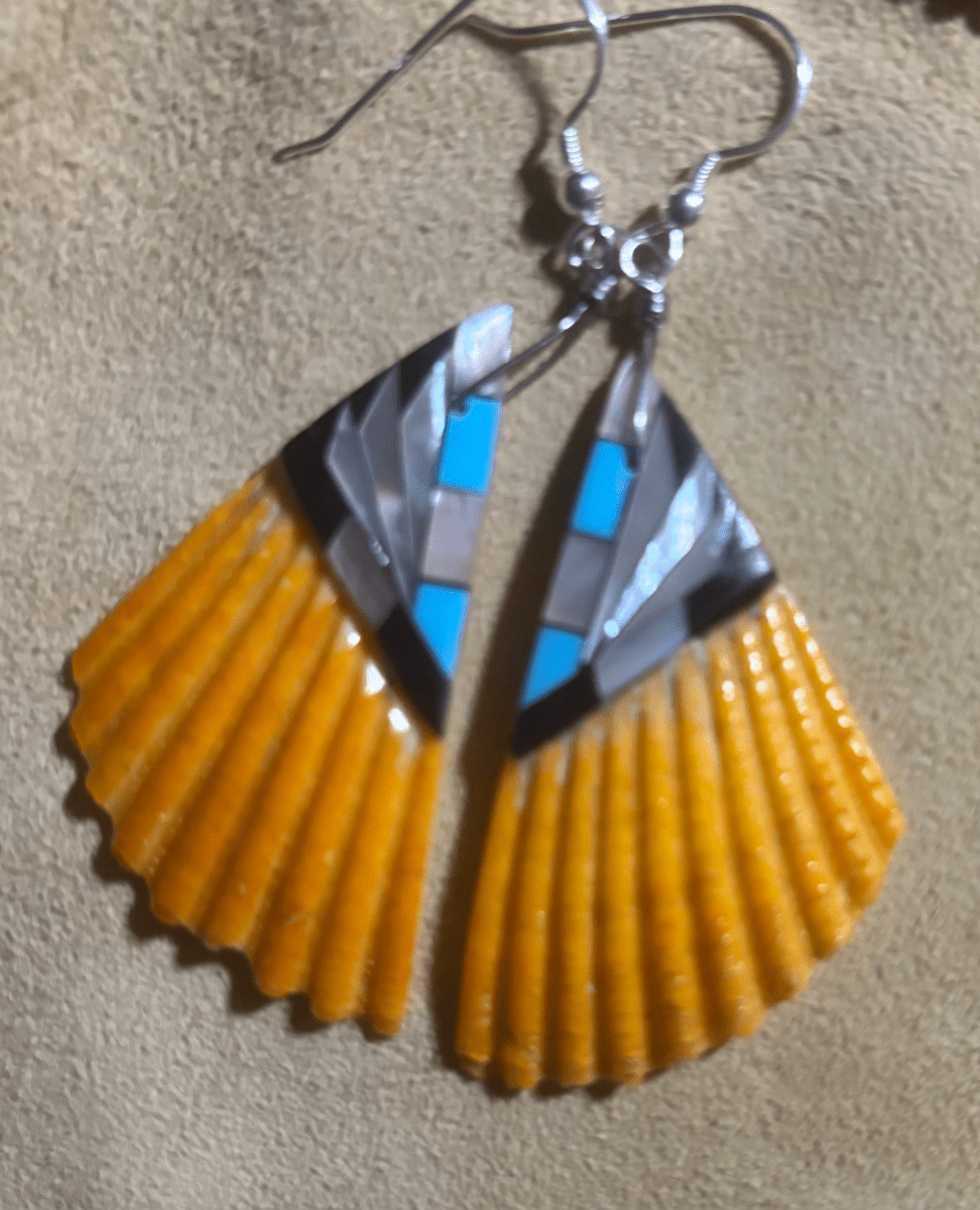 Wide Zuni Handmade Spiny Oyster with Inlay Dangle Earrings – Sterling Silver Hooks - Turquoise Mustang