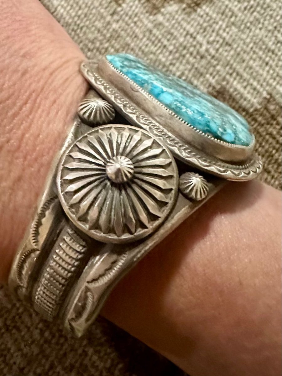 Premium Trillion - Cut Kingman Turquoise Cuff by Calvin Martinez78 - Turquoise Mustang