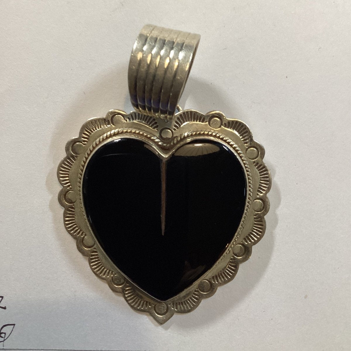 Pendant, Heart, Large Onyx Heart Cab w/ Stamped and rope bezel, DD - Turquoise Mustang