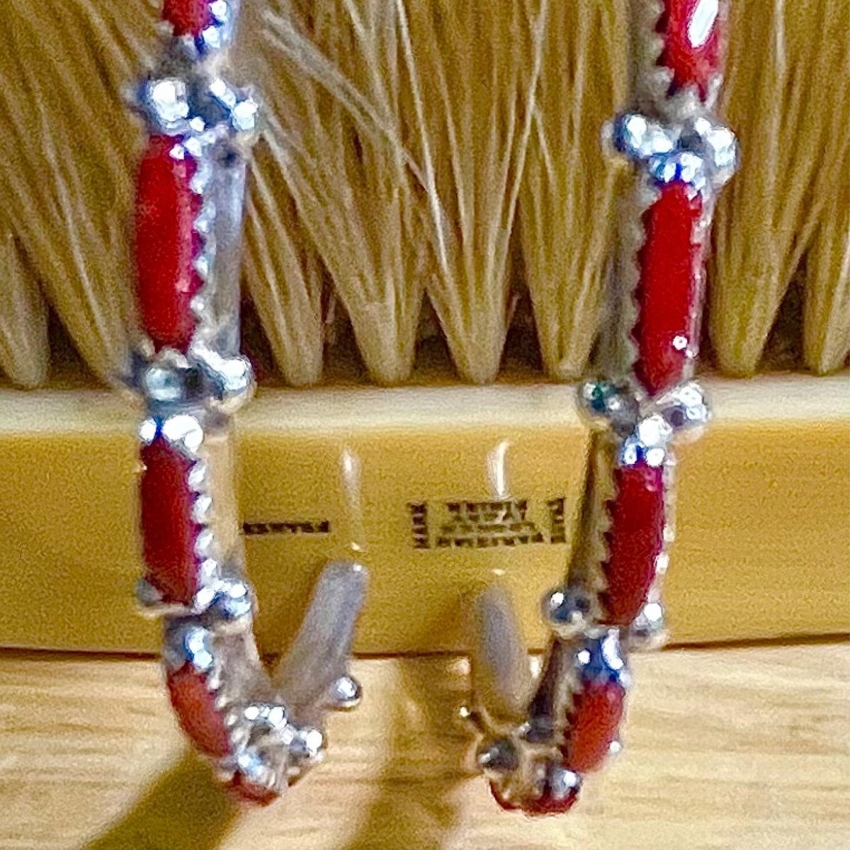 Earring, 3/4 hoop, coral rectangles, H W - Turquoise Mustang