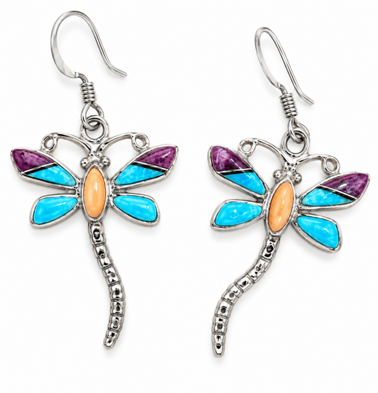 Dragonfly Sterling Silver Dangle Earrings with Turquoise, Spiny Oyster, Lab Opal & Jet Inlay - Turquoise Mustang