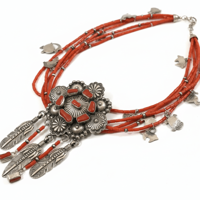 Lester James 20" 5 - strand, Mediterranean Coral tubes Necklace with Repoussee Enhancer - Turquoise Mustang