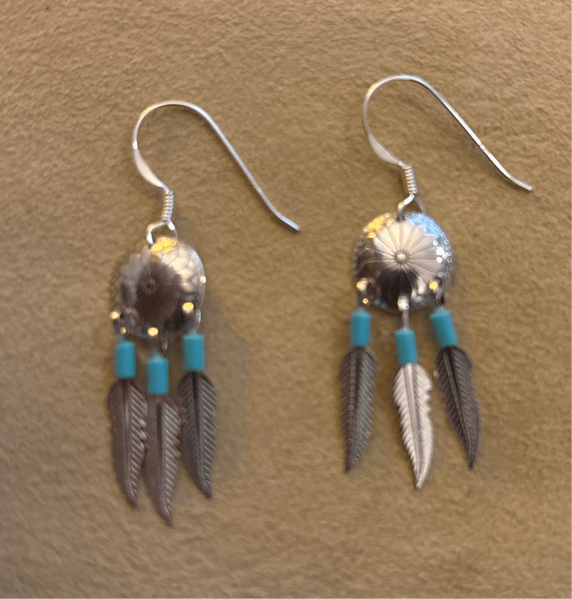 Small Sterling Silver Concho Stud Earrings with 3 Feather Drops - Turquoise Mustang