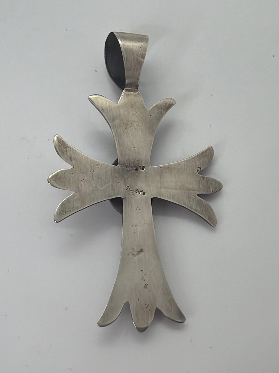 Large Royston Turquoise and Sterling Silver Cross Pendant, Harrison Bitsue - Turquoise Mustang