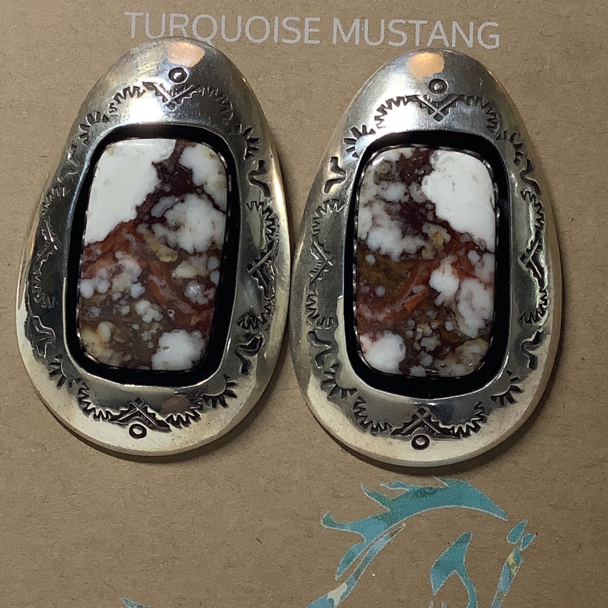 Earring, Stamped Shadowbox, Wildhorse rect., Ida Chester - Turquoise Mustang