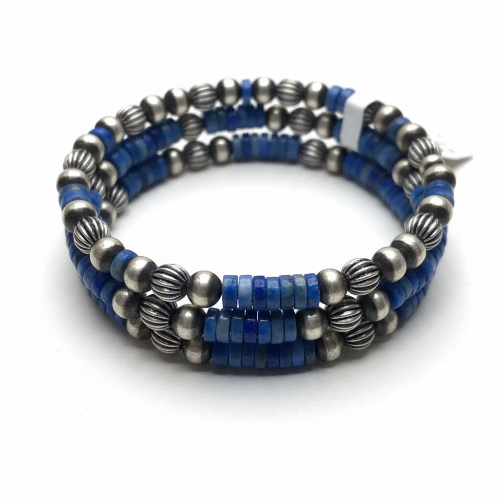 Bracelet, Memory wire Mixed Navajo Pearls & Lapis heishi, corrugated, TM - Turquoise Mustang