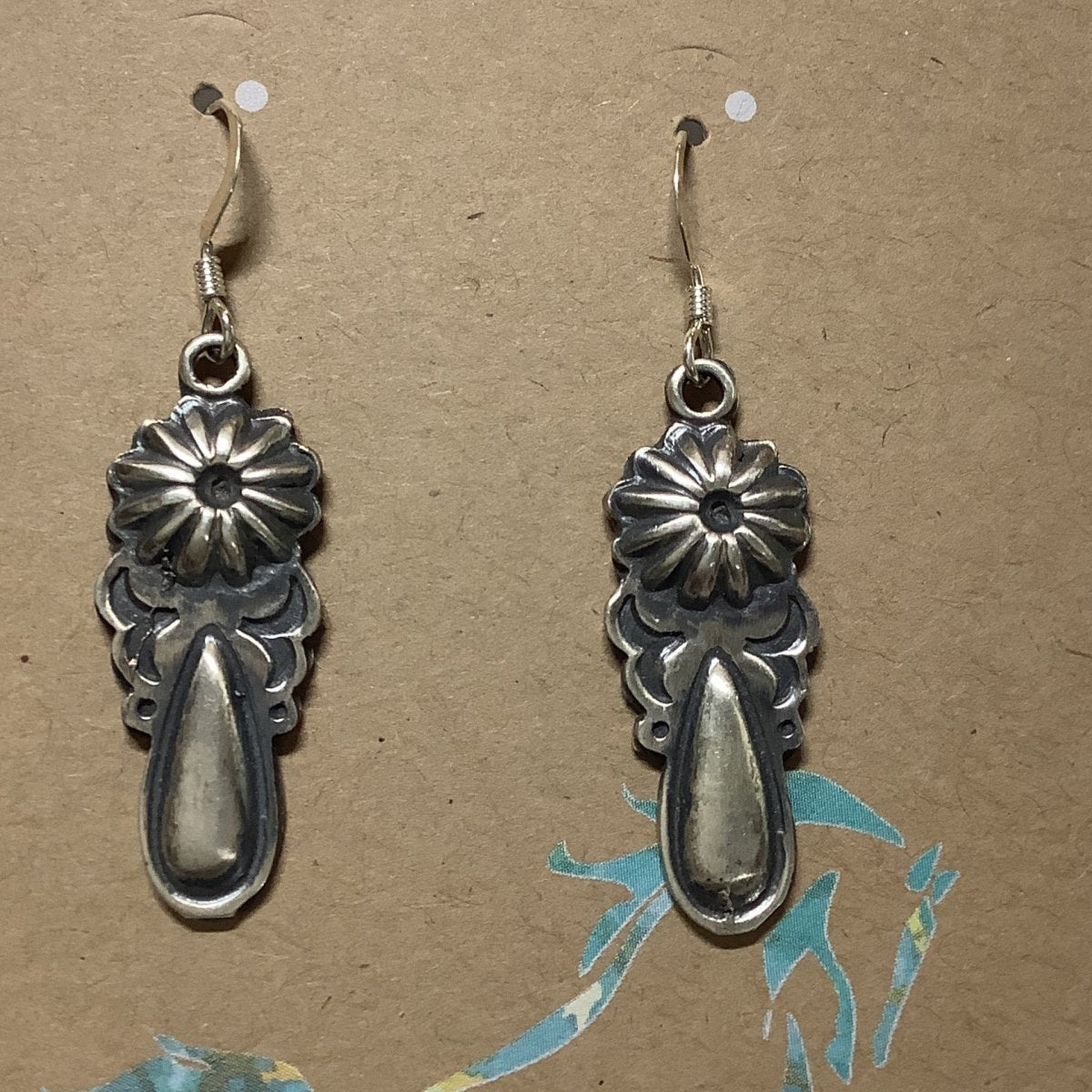 EArring, all silver, sm. burnished repoussee, concho & teadrop, Freida Martinez - Turquoise Mustang
