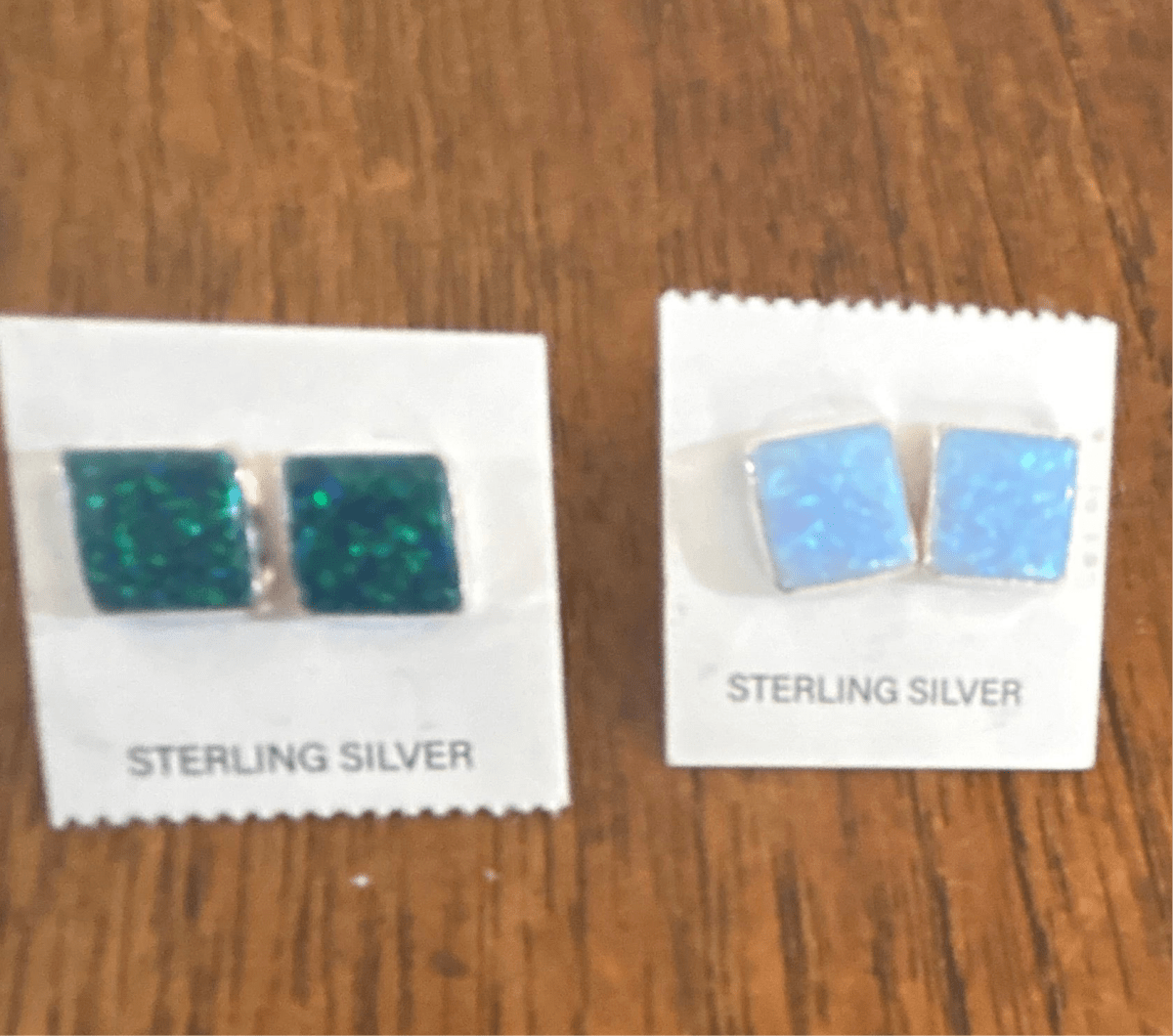 Earring, assorted medium studs, square in Dark Green and Kight Blue Lab Opal - Turquoise Mustang