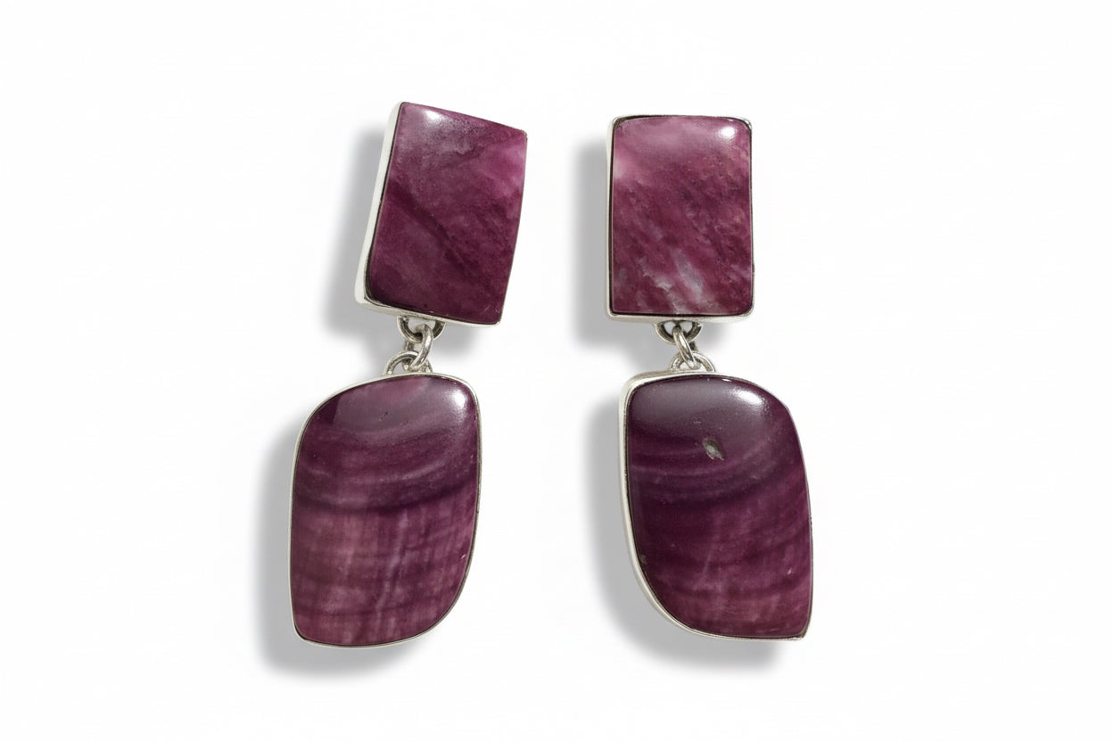 Purple Spiny Oyster Rectangle Studs with Freeform Spiny Oyster Drops - Turquoise Mustang