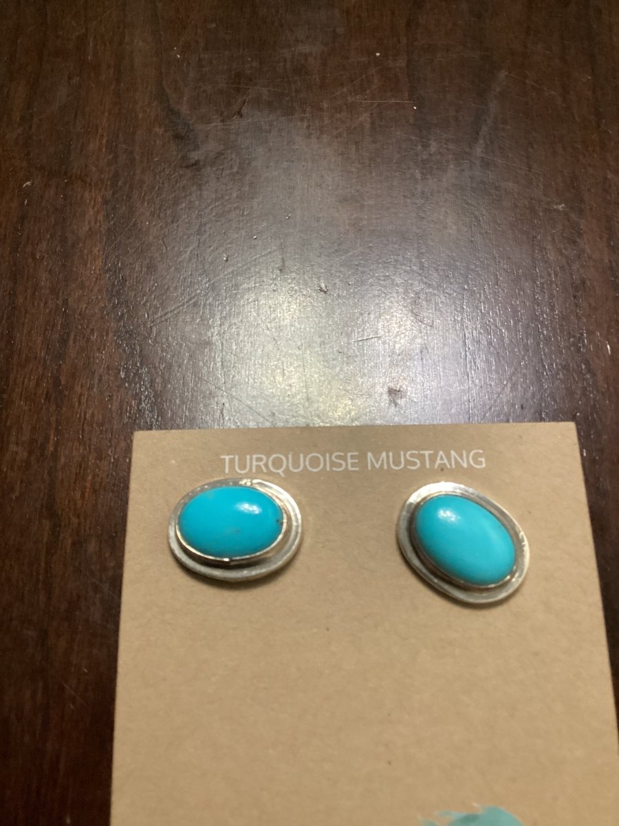 Earrings, Turquoise Cab, Oval, plain bezel, posts, Chimney Butte - Turquoise Mustang