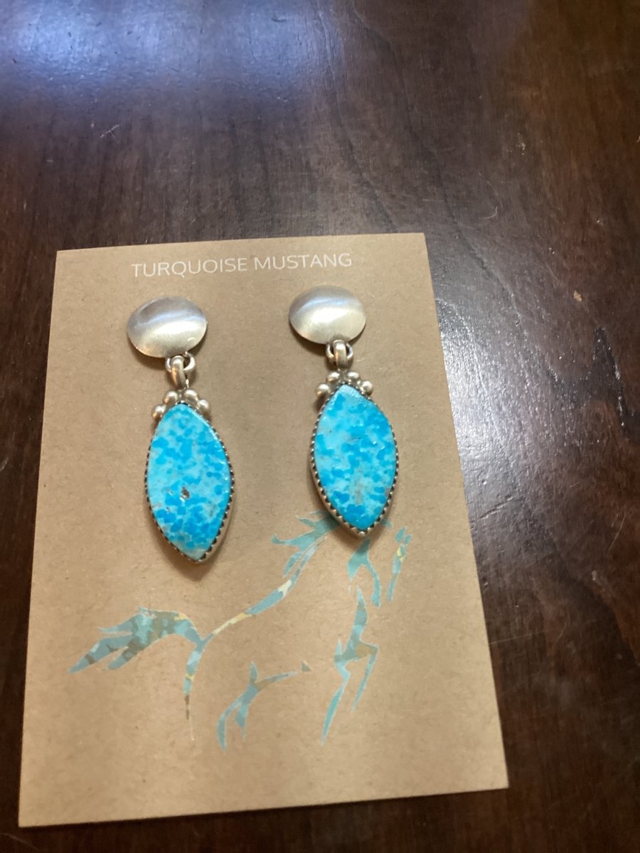 Earring, Kingman Waterweb Turquoise football shaped posts, Selena Warner - Turquoise Mustang