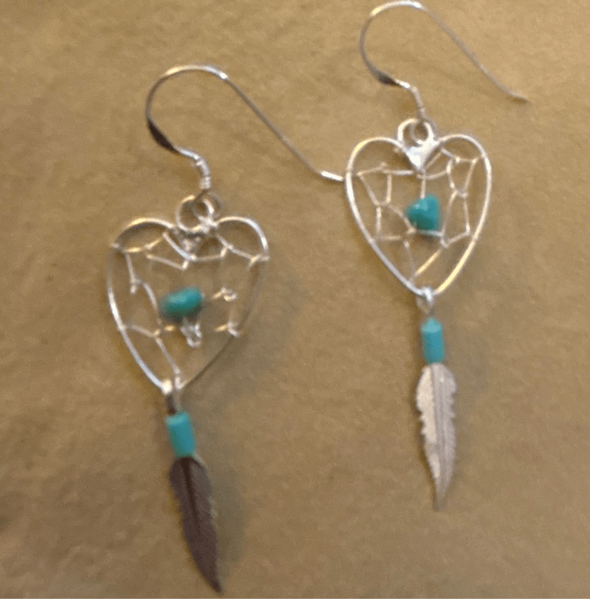 Earring, Heart Dreamcatcher w/ tq nugget & feather, - Turquoise Mustang