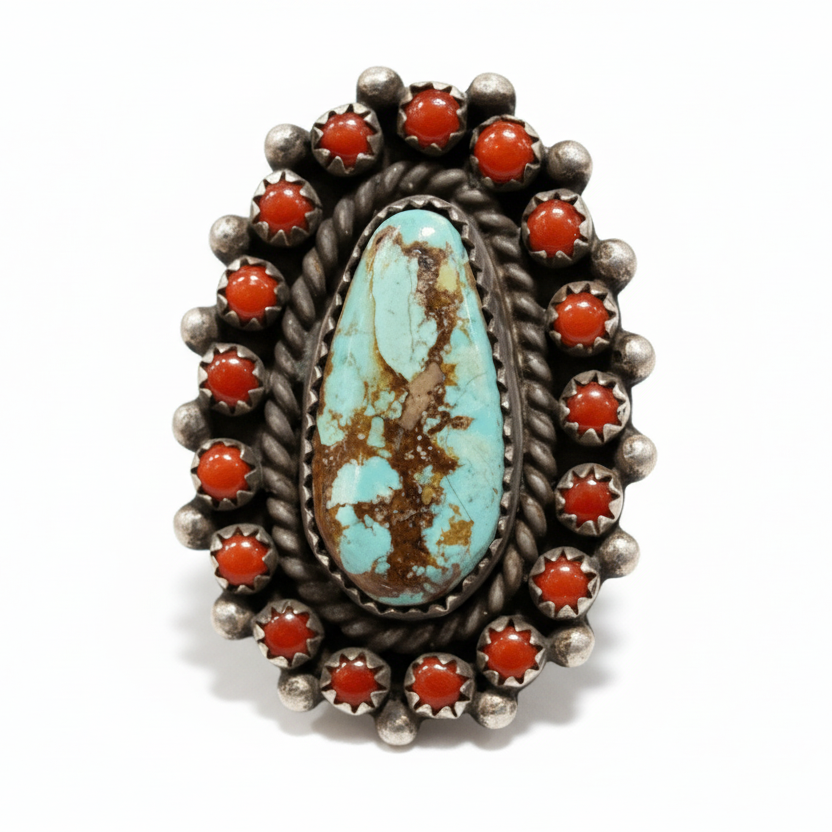 8 Turquoise Cluster Ring with 21 - Cab Mediterranean Coral Bezel, Peterson Johnson - Turquoise Mustang