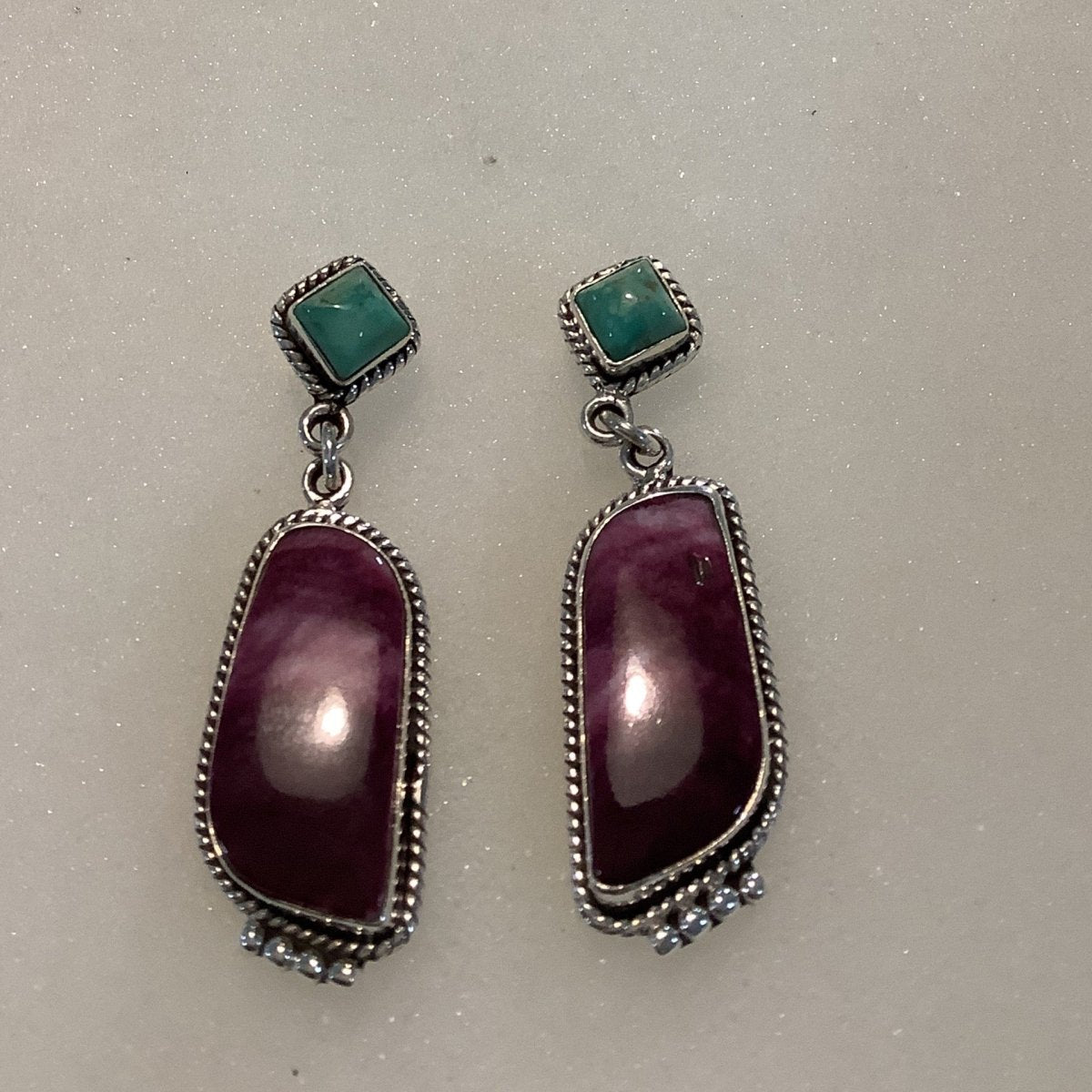 Earrings, Turquoise/Spiny oyster, Earrings, Square Turquoise studs w Purple Spiny Oyster Cabs, DD (1) - Turquoise Mustang