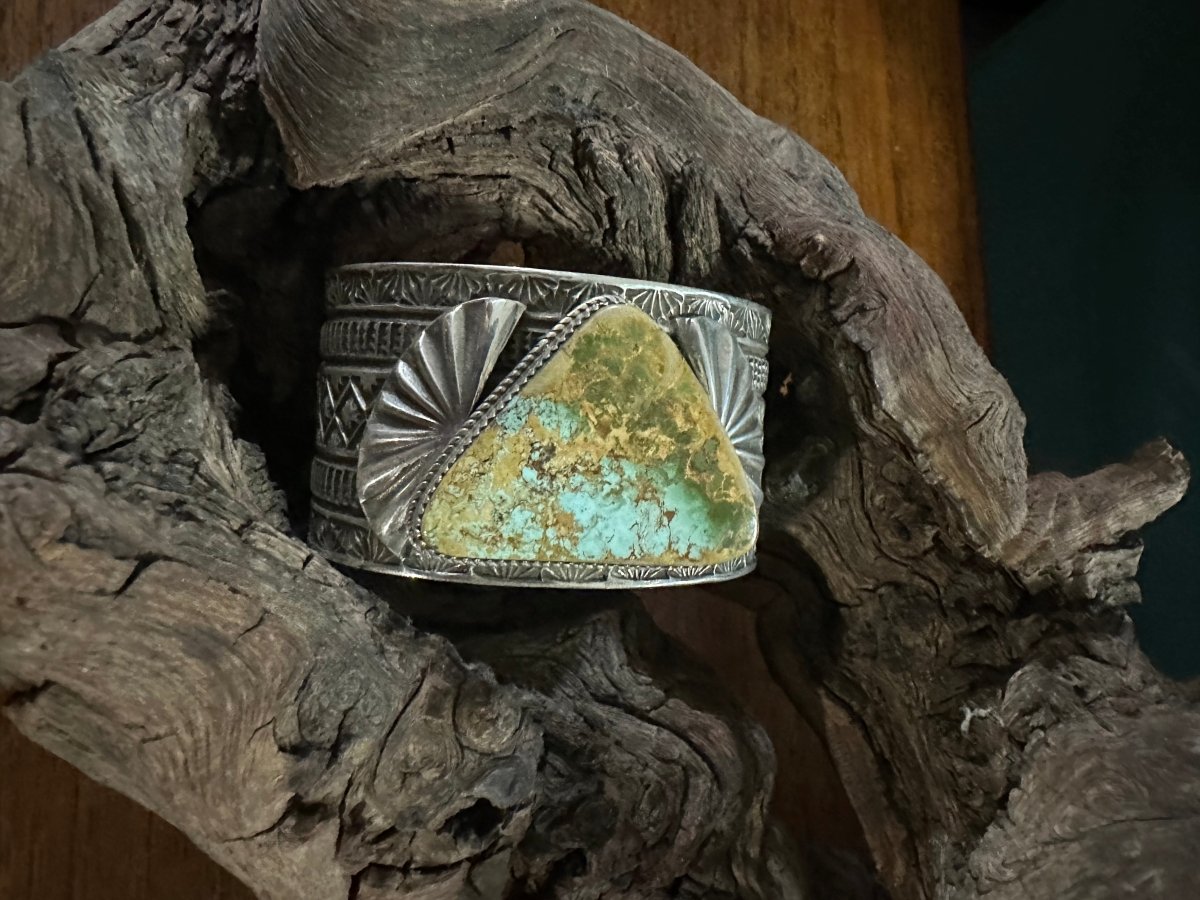 Bracelet, stamped wide cuff with triangular Royston cab, Adrian Reeves Long - Turquoise Mustang