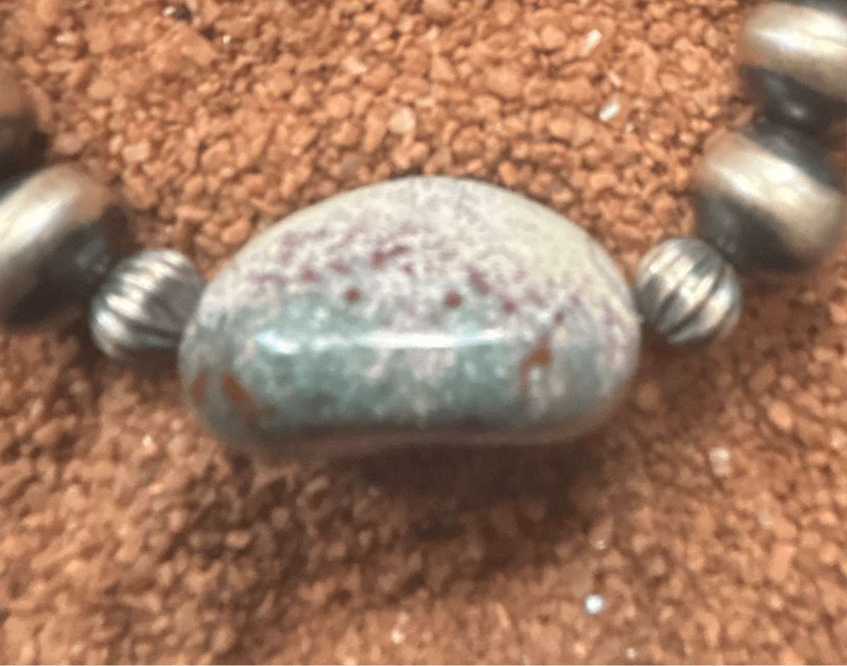 16" d 10mm Silver Pearl Necklace with Ruby in Fucisite Nugget - Turquoise Mustang