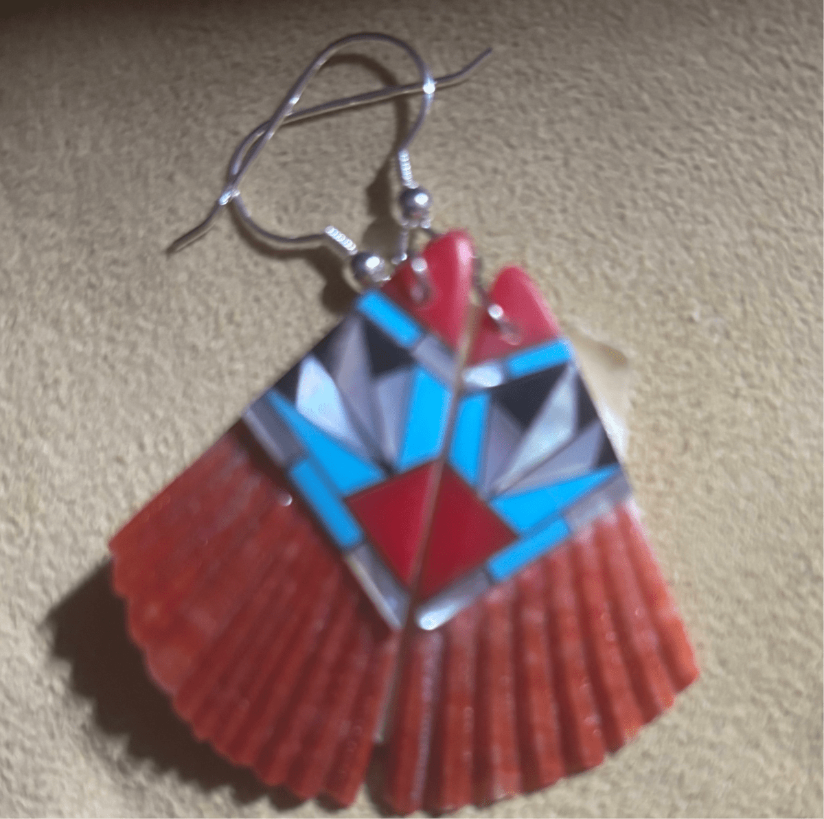 Wide Zuni Handmade Spiny Oyster with Inlay Dangle Earrings – Sterling Silver Hooks - Turquoise Mustang