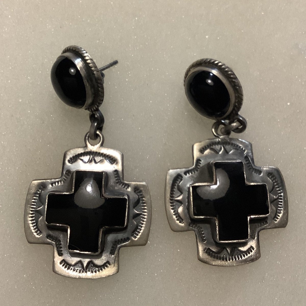 Navajo Cross with Onyx Cross Centerstone and Oval Onyx Studs - Turquoise Mustang