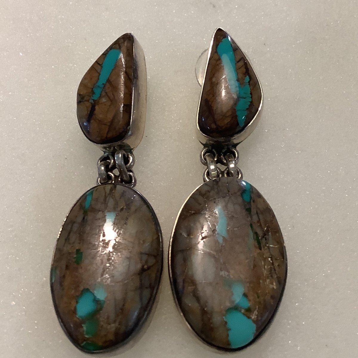 Earrings, Royston Ribbon Turquoise Cab, Pear studs w Oval Drops, plain bez, stud, DD - Turquoise Mustang