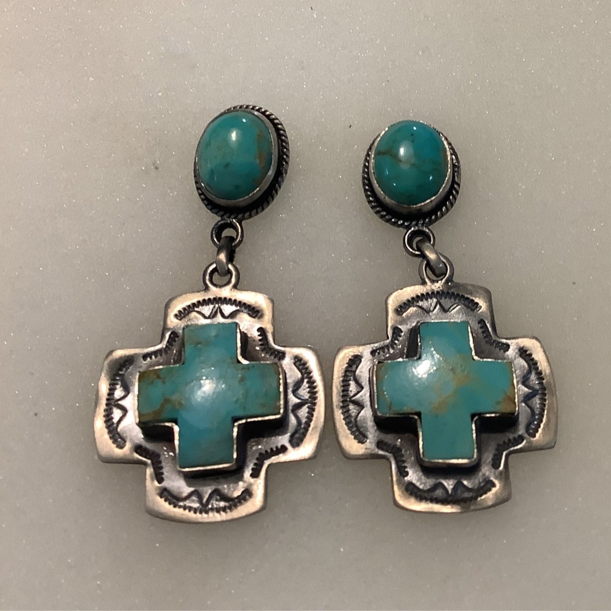 Earrings, Turquoise, Cross with Oval Turquoise stud, DD - Turquoise Mustang