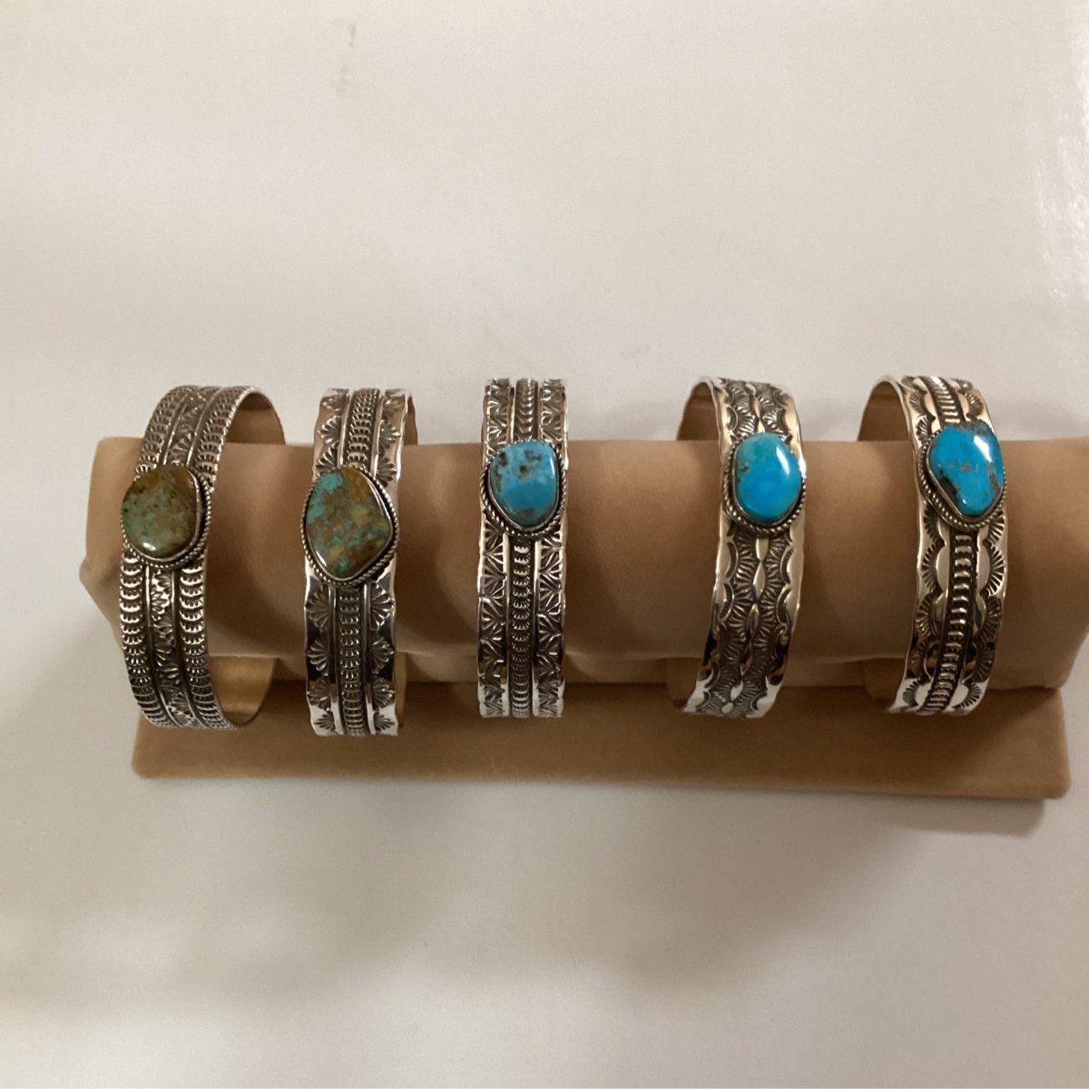 Stamped cuff with free form birdseye Kingman, by Adrian Reeves Long - Turquoise Mustang