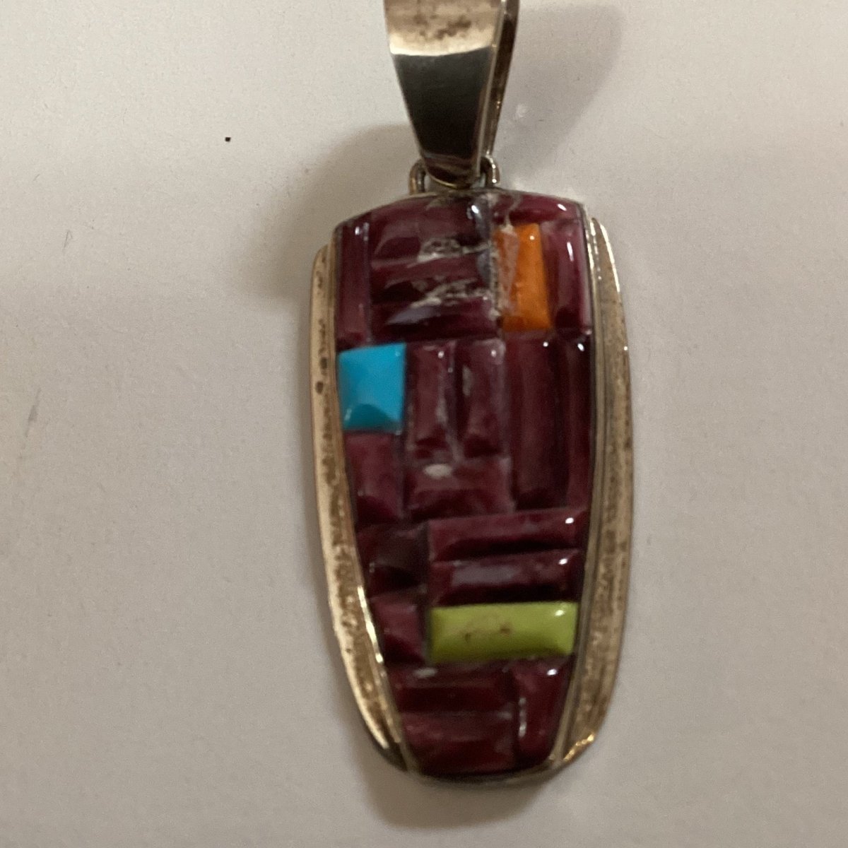 Cobblestone Inlay Pendant with Purple Spiny Oyster, Turquoise & Gaspeite Accents, Native American Hallmark - Turquoise Mustang
