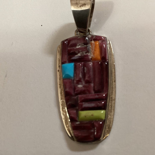 Cobblestone Inlay Pendant with Purple Spiny Oyster, Turquoise & Gaspeite Accents, Native American Hallmark - Turquoise Mustang
