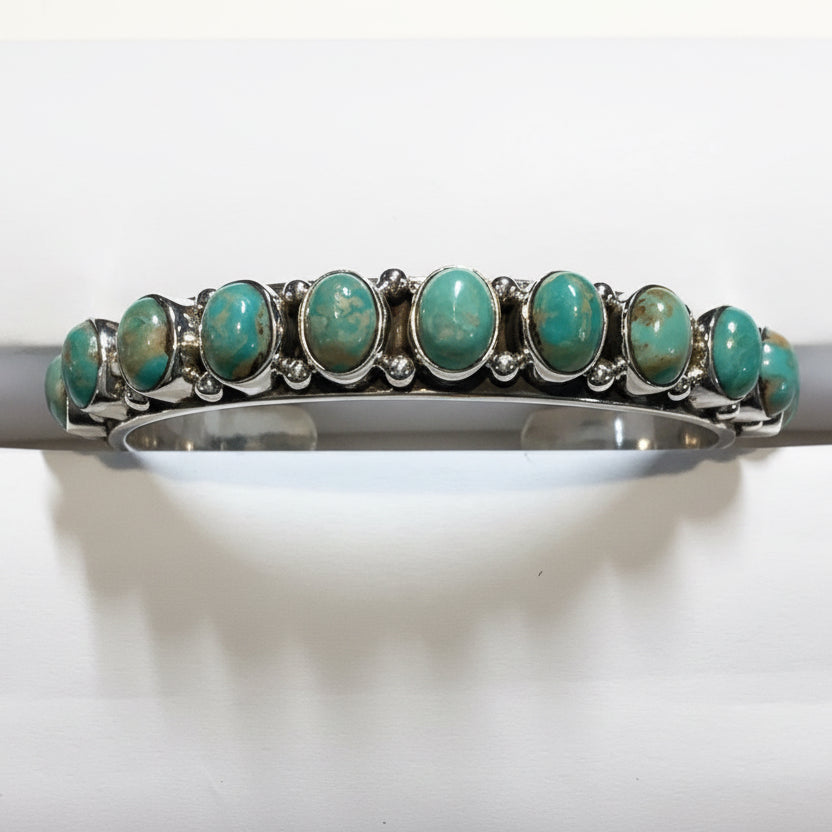 Bracelet, 11 stone Oval GREEN Turquoise Cuff, DD - Turquoise Mustang
