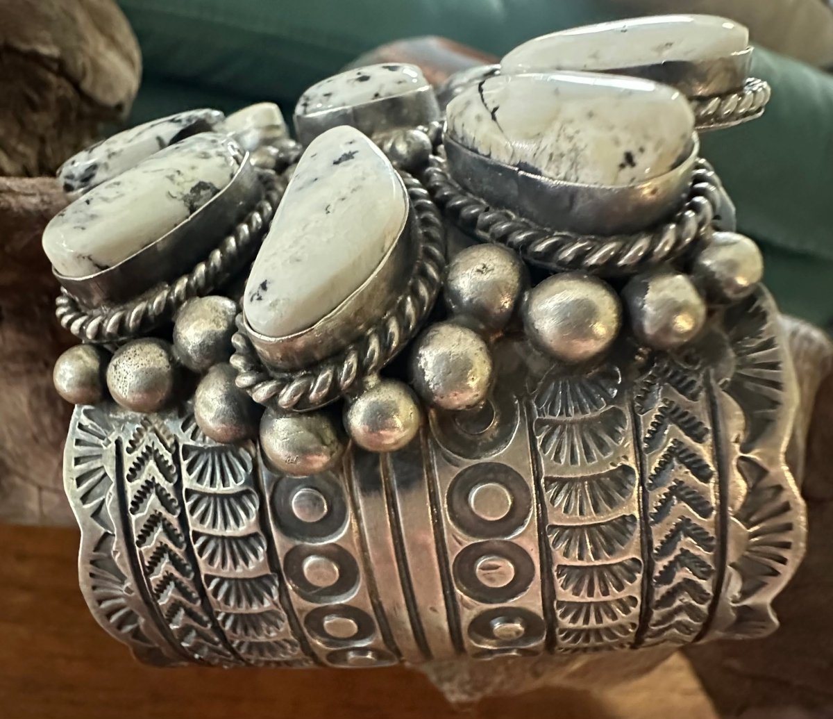 Huge White Buffalo Cluster Cuff by Navajo Artist Jimmie Yazzie - Turquoise Mustang