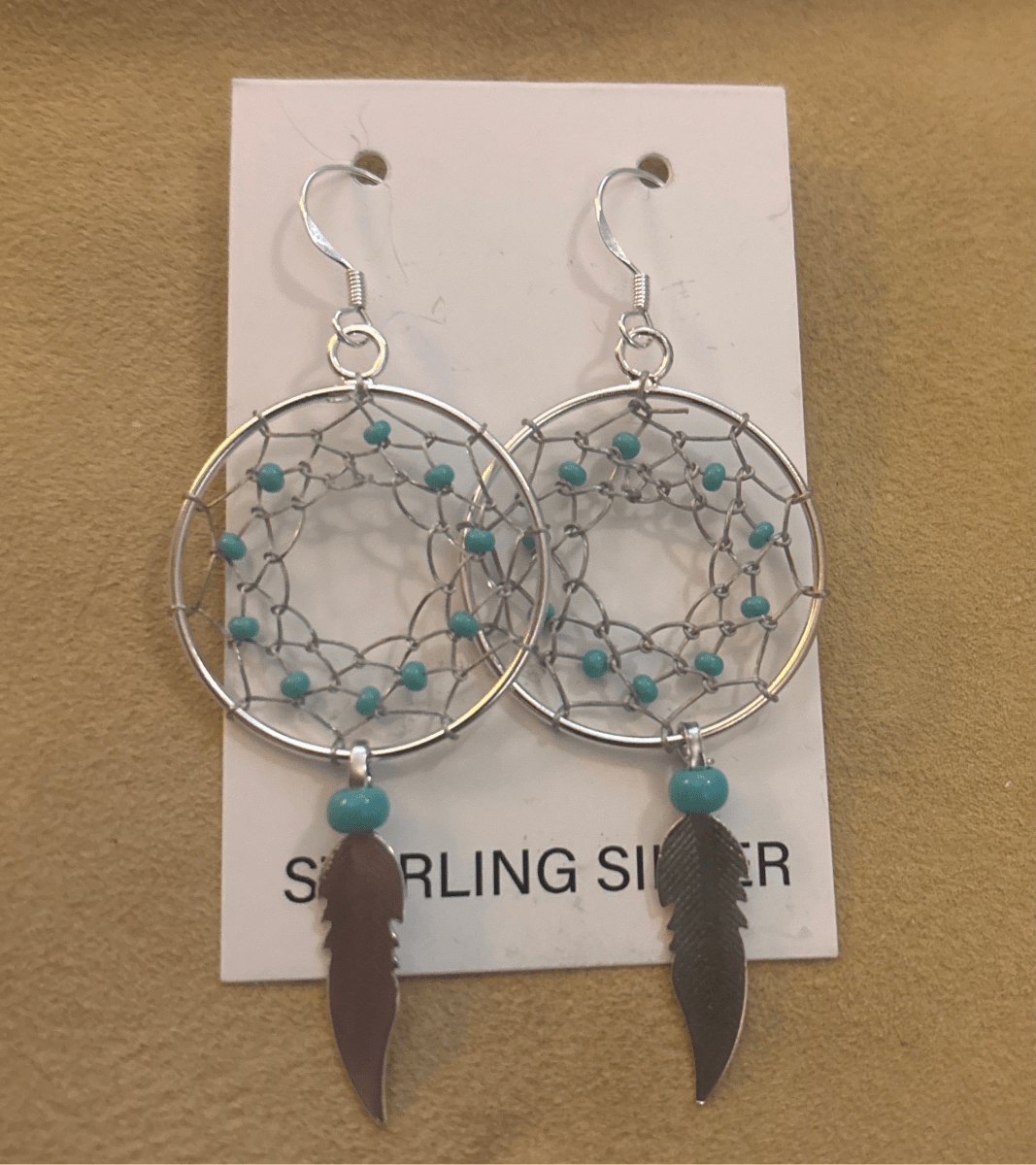 Earring, Dreamcatcher w/ 10 turquoise beads & feather dangle, - Turquoise Mustang