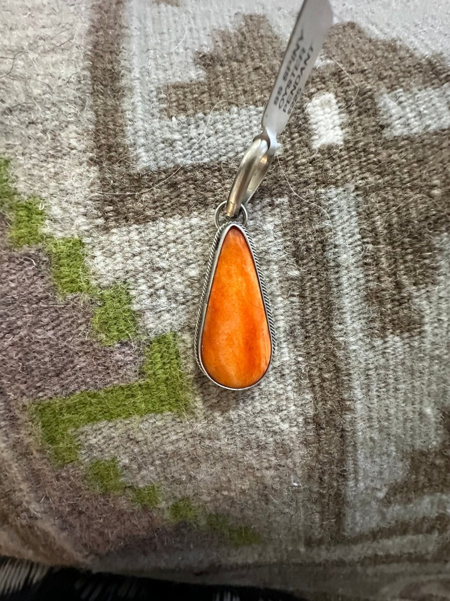 Orange Spiny Oyster Teardrop Pendant in Sterling Silver by Delbert Begay - Turquoise Mustang