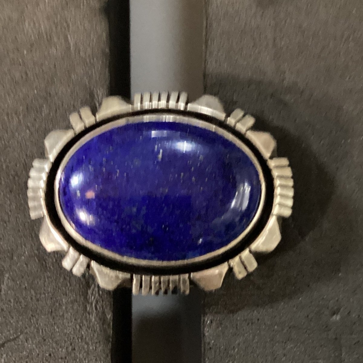 Ring, Large Lapis Oval, Heavy Beveled Bezel with nice Filework, Charley Willie - Turquoise Mustang