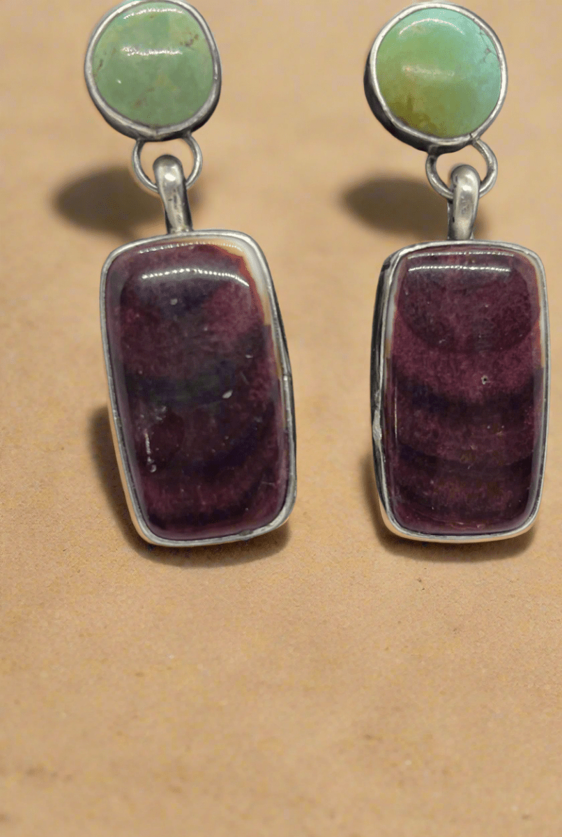 Santa Fe Spiny Oyster & Turquoise Earrings by Danny Henio - Turquoise Mustang