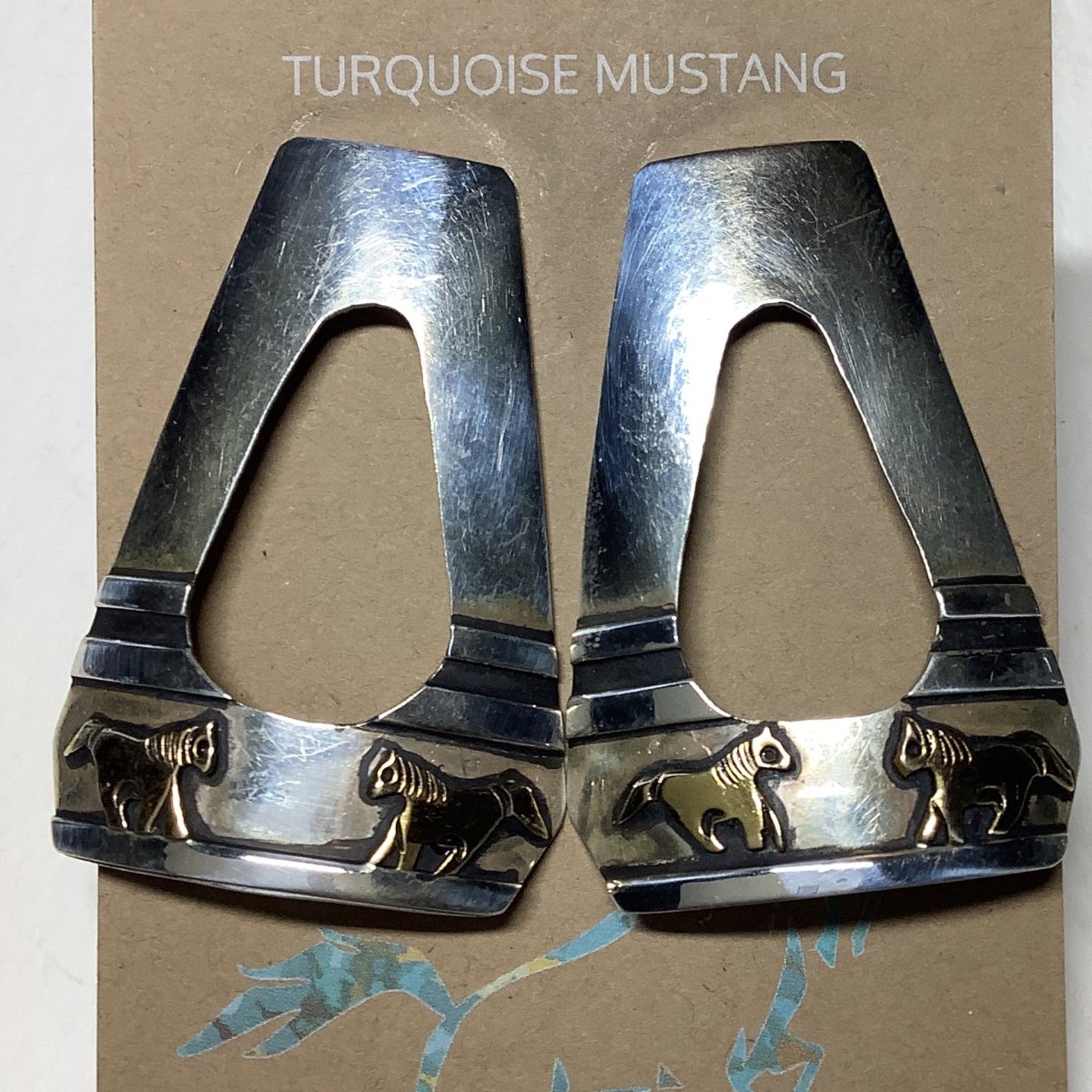 Earring, Silver Stirrups with Gold Horse Overlay, Tommy Singer - Turquoise Mustang
