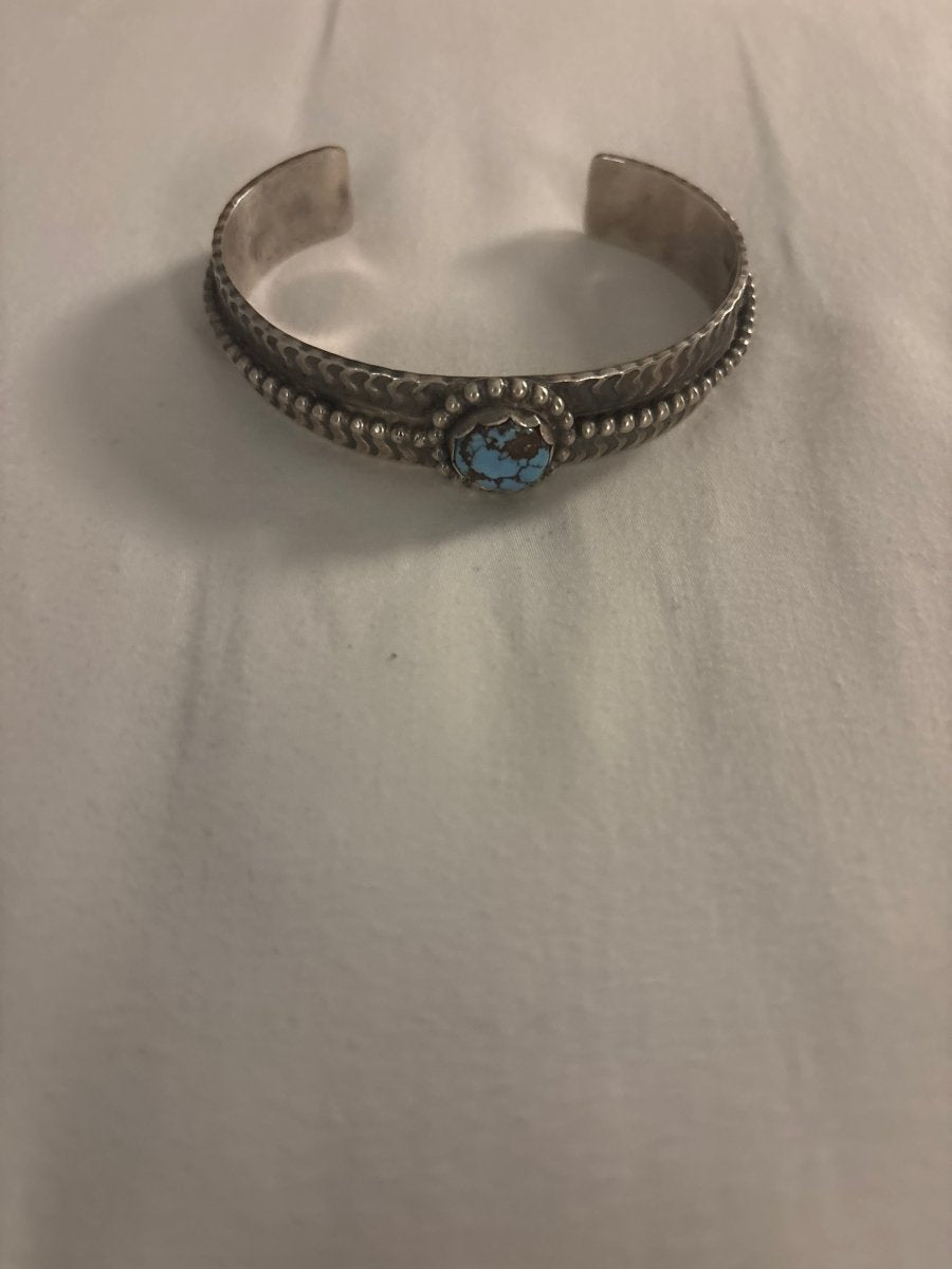 Bracelet, narrow cuff, Golden Hills Turquoise, round freeform, Tillie John - Turquoise Mustang