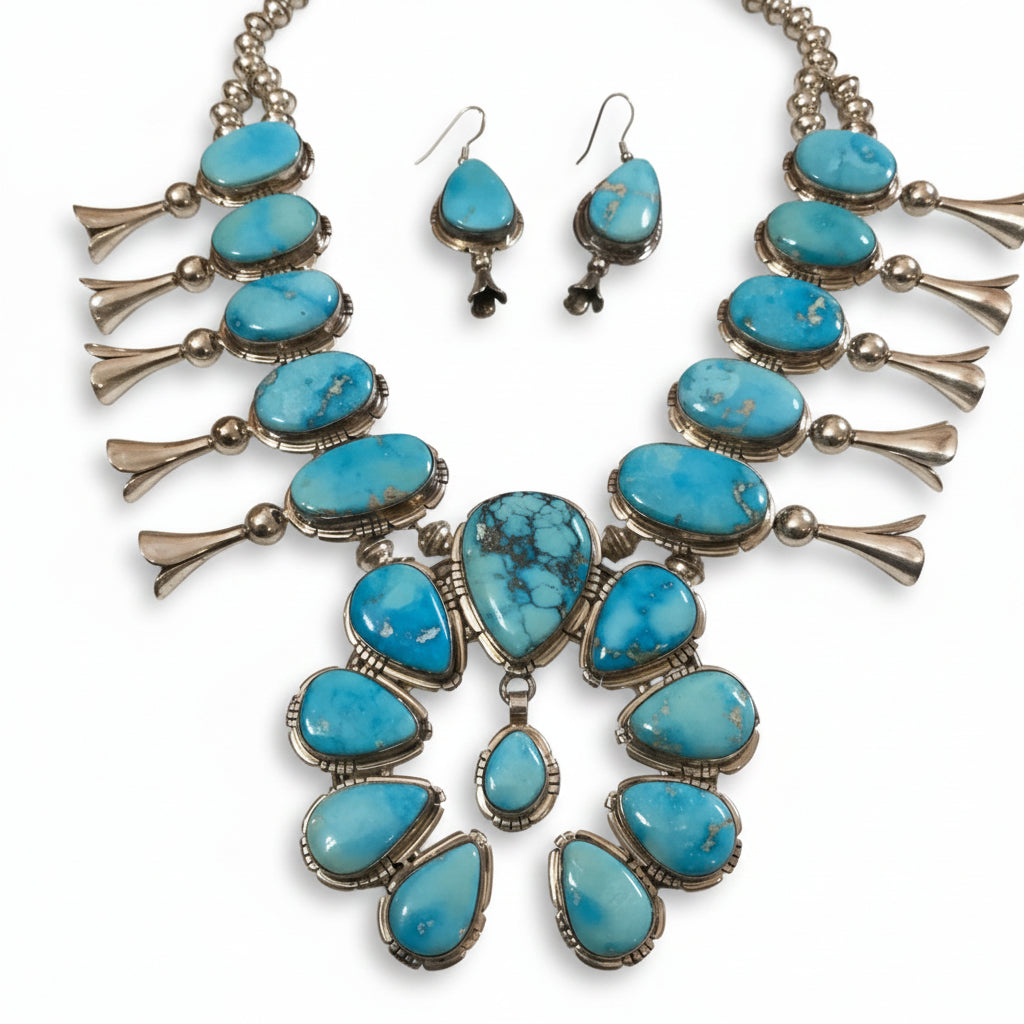 Squash Blossom, earring set, bright silver w file work blossoms, Blue Ridge turquoise, Samson Begay - Turquoise Mustang