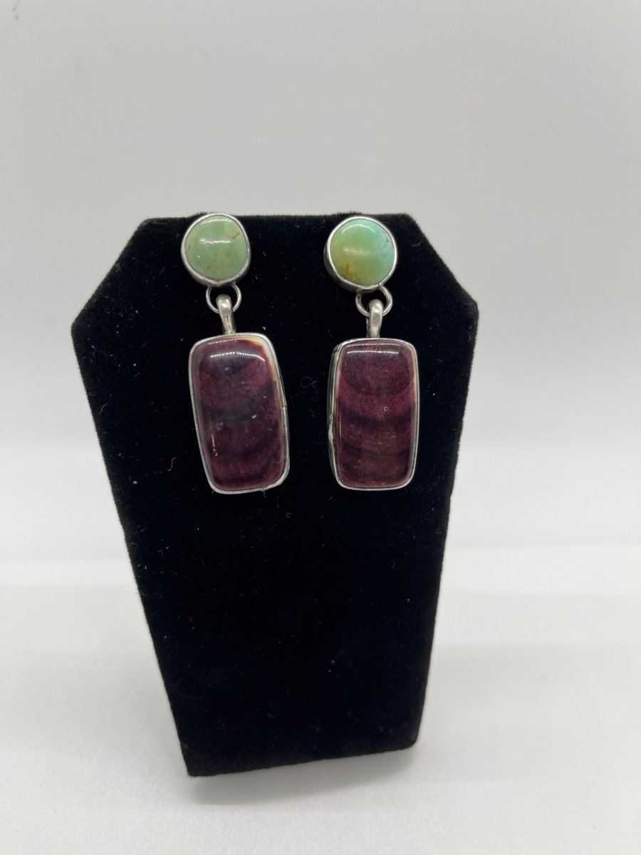 Santa Fe Spiny Oyster & Turquoise Earrings by Danny Henio - Turquoise Mustang