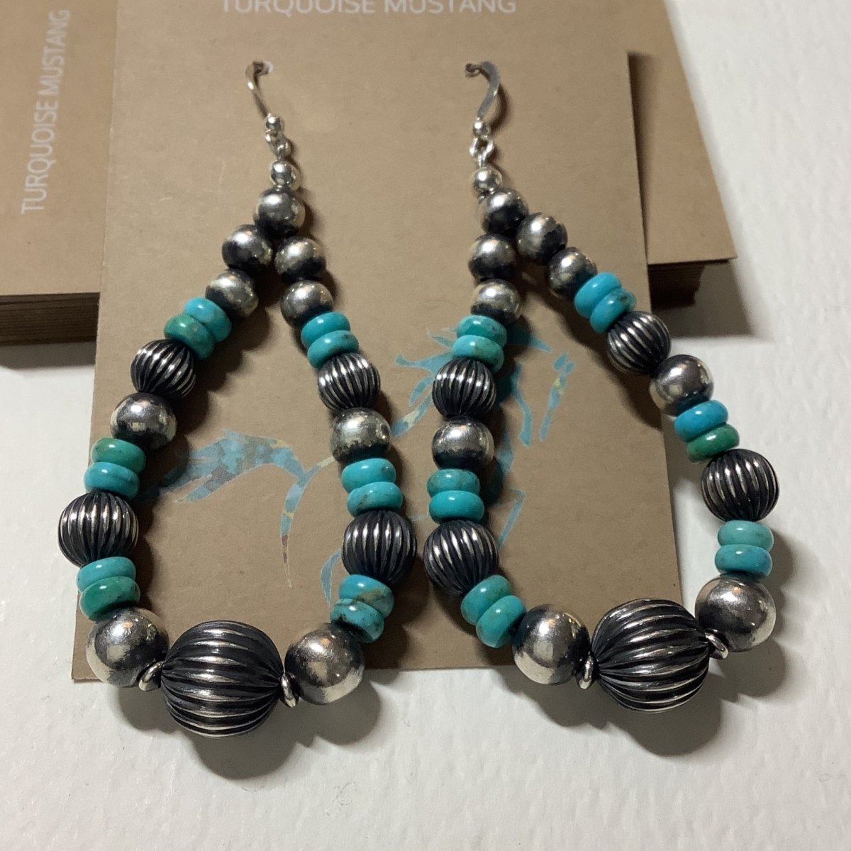 Earring, Navajo Pearl Loops, Fluted pearls, Kingman Rondelles - Turquoise Mustang